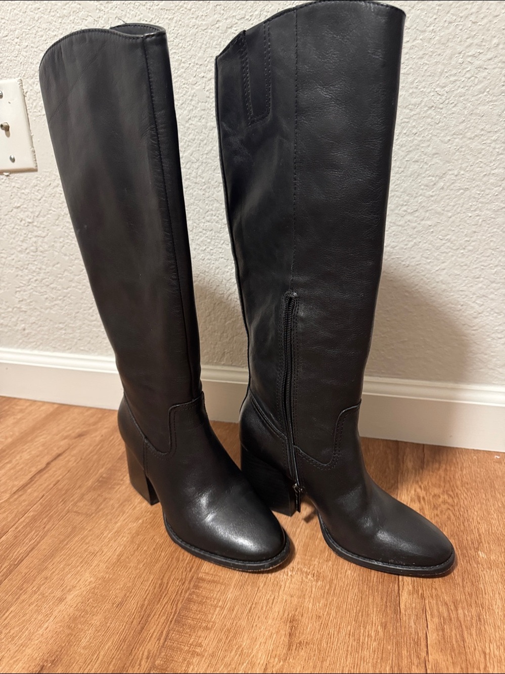 Vince Camuto Black Leather Knee-High Block Heel Boots — NWT